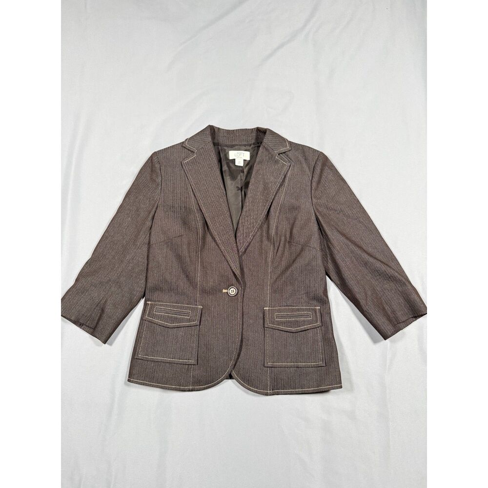 Ann Taylor Loft Brown Herringbone Blazer 6P Petite Contrast Stitch Denim Style